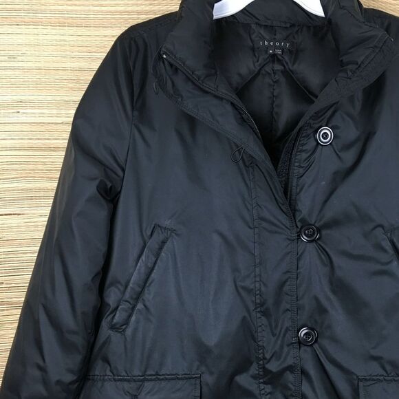 THEORY Down Puffer Hooded Raccoon Fur Trim Parka Jacket Zip/Buttons Black Size M - Picture 10 of 14